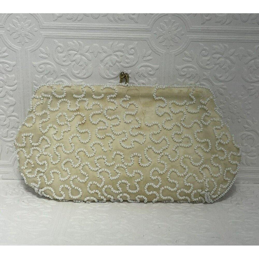 Walborg Ivory Beaded Evening Clutch Bag Purse Handmade Belgium Kiss Lock READ